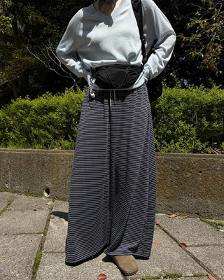 Striped elastic waist long skirt