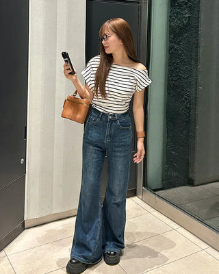 Asymmetrical Off-Shoulder Striped T-Shirt