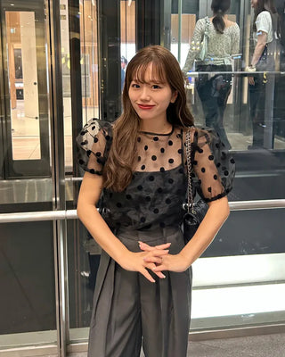 Sheer polka dot puff sleeve blouse