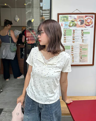 Dot lace detail short-sleeved T-shirt
