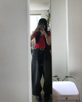 Washed balloon denim pants