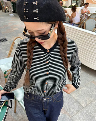Striped round neck cardigan
