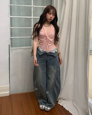 Washed distressed wide-leg denim pants