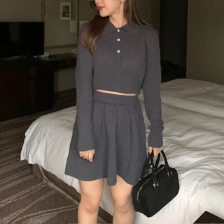 Button-collar knit and skirt set