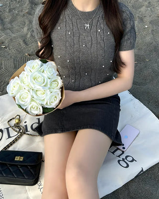 Pearl Cable Knit Short Sleeve Knit