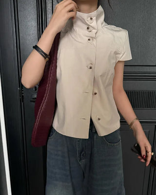 Cap-sleeve button-up high-neck blouse