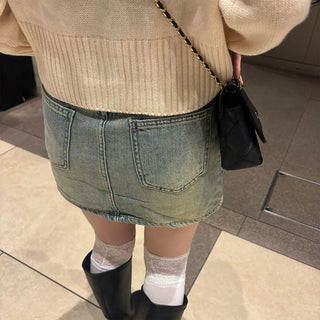 Belted denim mini skirt