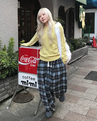 Checked wide-leg pants with string waistband