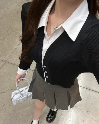 Shirt-layered long-sleeved cardigan