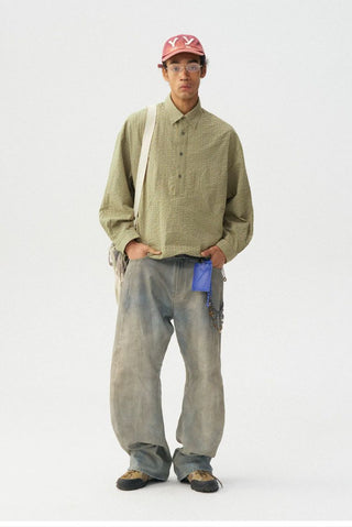 [Monterest] Oversized Half-Placket Check Shirt