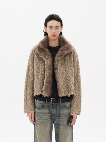 [MASONPRINCE] Cable Knit Fur Collar Wool Blend Cardigan