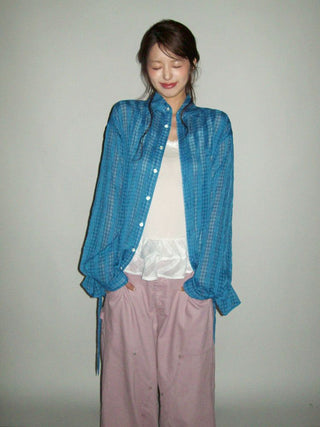[Moromoro2] Sheer Plaid Mesh Tie-Back Shirt