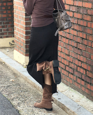 Slit elastic waist long skirt