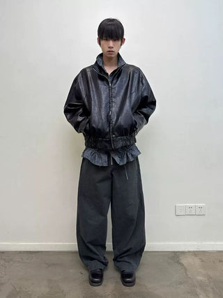 [NEVERSEEZ] Stand Collar Oversized PU Jacket