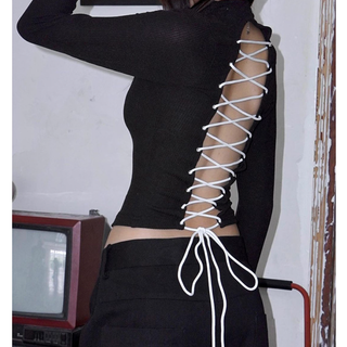 Long sleeve high neck zip-up lace up top