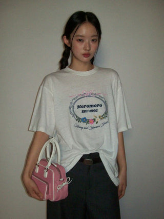 [Moromoro2] Bow Embroidery Flower Washed Cotton  Tee