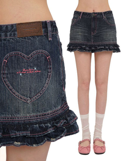[moromoro2] Stitching Heart Pocket Denim  Skirt