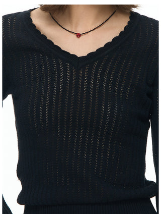 [NECY] Wavy Black Ribbed Slim Knit