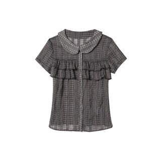 [NECY] Purple Grey Ruffle Plaid Shirt