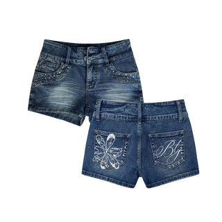 [NECY] Flower Rhinestone Hip Line Denim Shorts