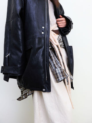 [NeverSeez] Padded PU Leather Trench Coat