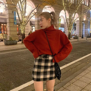 Wool check mini skirt