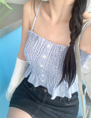 Shirred check sleeveless blouse
