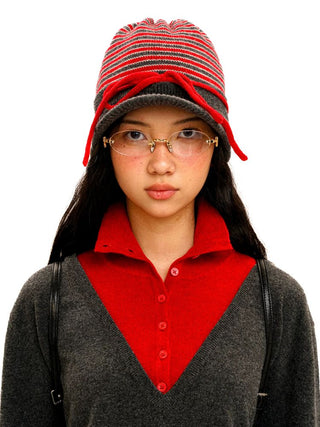 [Moromoro2] Contrast Stripe Knit Bow Baseball  Cap