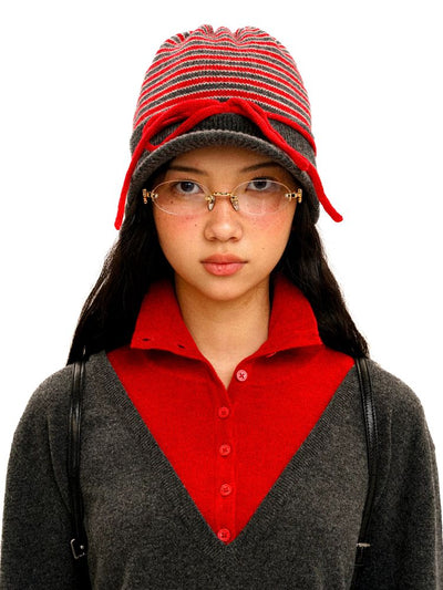 [Moromoro2] Contrast Stripe Knit Bow Baseball  Cap