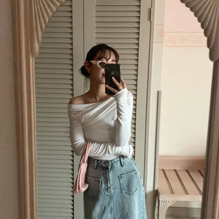 Shirred Asymmetrical Off-Shoulder Long T-Shirt