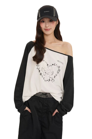 [Moromoro2] Y2K Bunny Print Wide Neckline Raglan  Tee