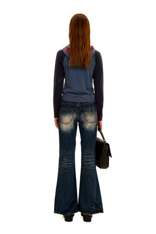 [Moromoro2] Contrast Stripe Rhinestone Long Sleeve  Tee