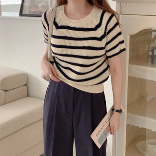 Striped short-sleeved knit top