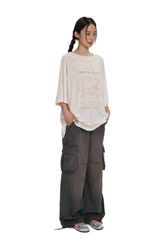 [Moromoro2] Washed Bow Graffiti Rhinestone Oversized  Tee
