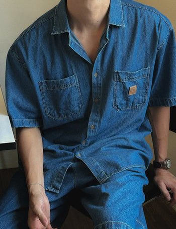 (Shirt) BEWARE Patch Denim Short Sleeve Shirt (3 colors)