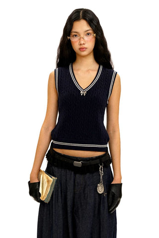 [Moromoro2] Cable Knit Bow Detail V-Neck  Vest