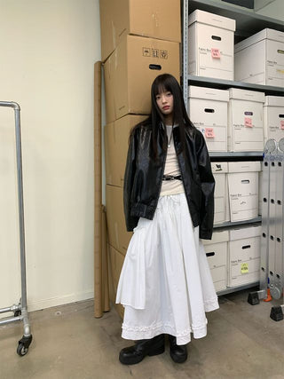 [NEVERSEEZ] Stand Collar Oversized PU Jacket