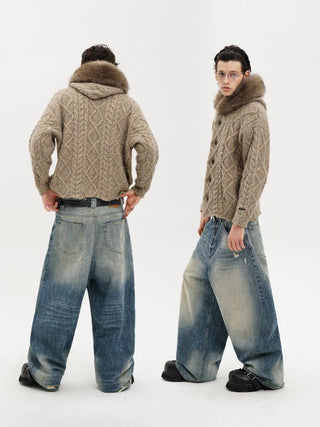 [MASONPRINCE] Cable Knit Fur Collar Wool Blend Cardigan