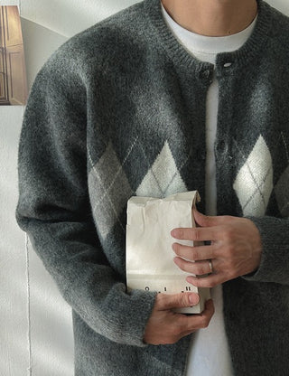 Merino Wool Argyle Round Cardigan (4 colors)