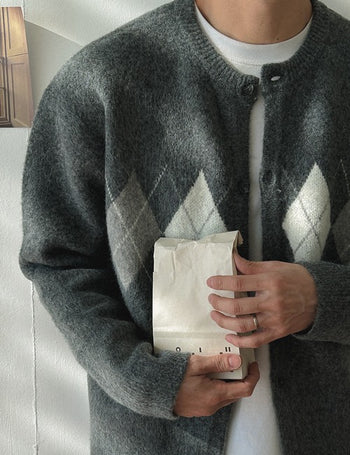 Merino Wool Argyle Round Cardigan (4 colors)