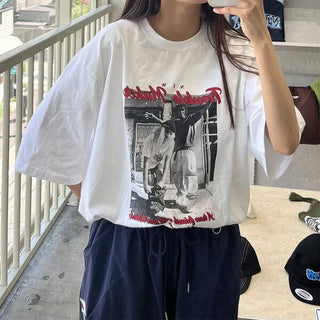 Loose-fitting photo print short-sleeved T-shirt
