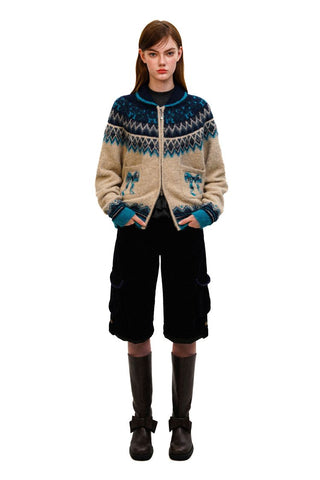 [Moromoro2] Fair Isle Bow Pocket Retro Collar  Cardigan