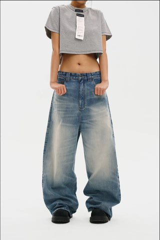 [MASONPRINCE] Curved Cut Washed Denim Wide Pants