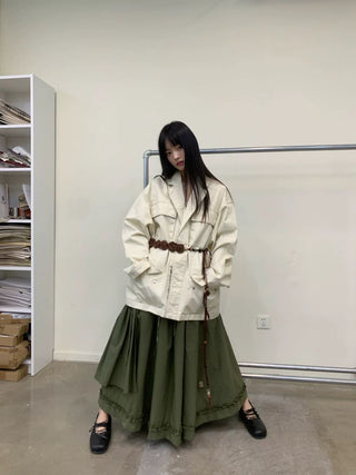 [NEVERSEEZ] Asymmetric Pocket A-Line Pleated Skirt