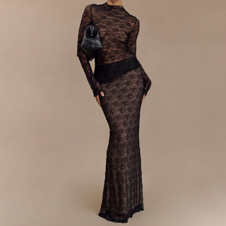 Long sleeve lace see through maxi skirt set