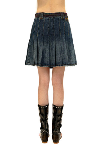 [Moromoro2] Contrast Stitch Belt Denim Pleated  Skirt