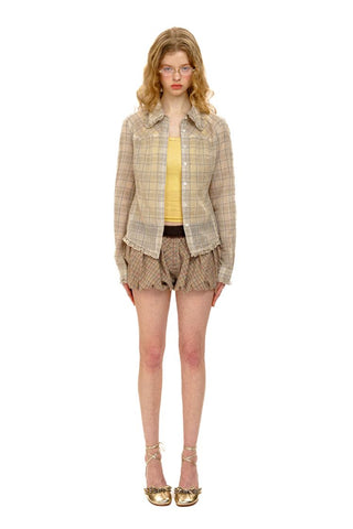 [Moromoro2] Ruffle Trim Sheer Plaid Slim Fit  Shirt