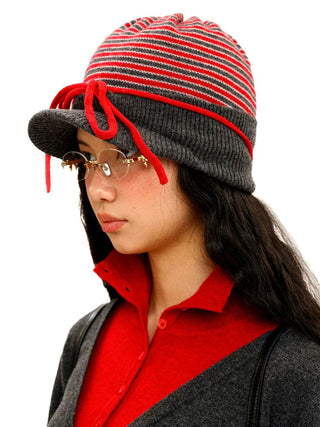 [Moromoro2] Contrast Stripe Knit Bow Baseball  Cap