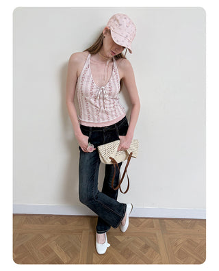 [NECY] Pink Blossom Strap Halterneck Top