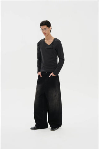 [MASONPRINCE] Curved Cut Washed Denim Wide Pants